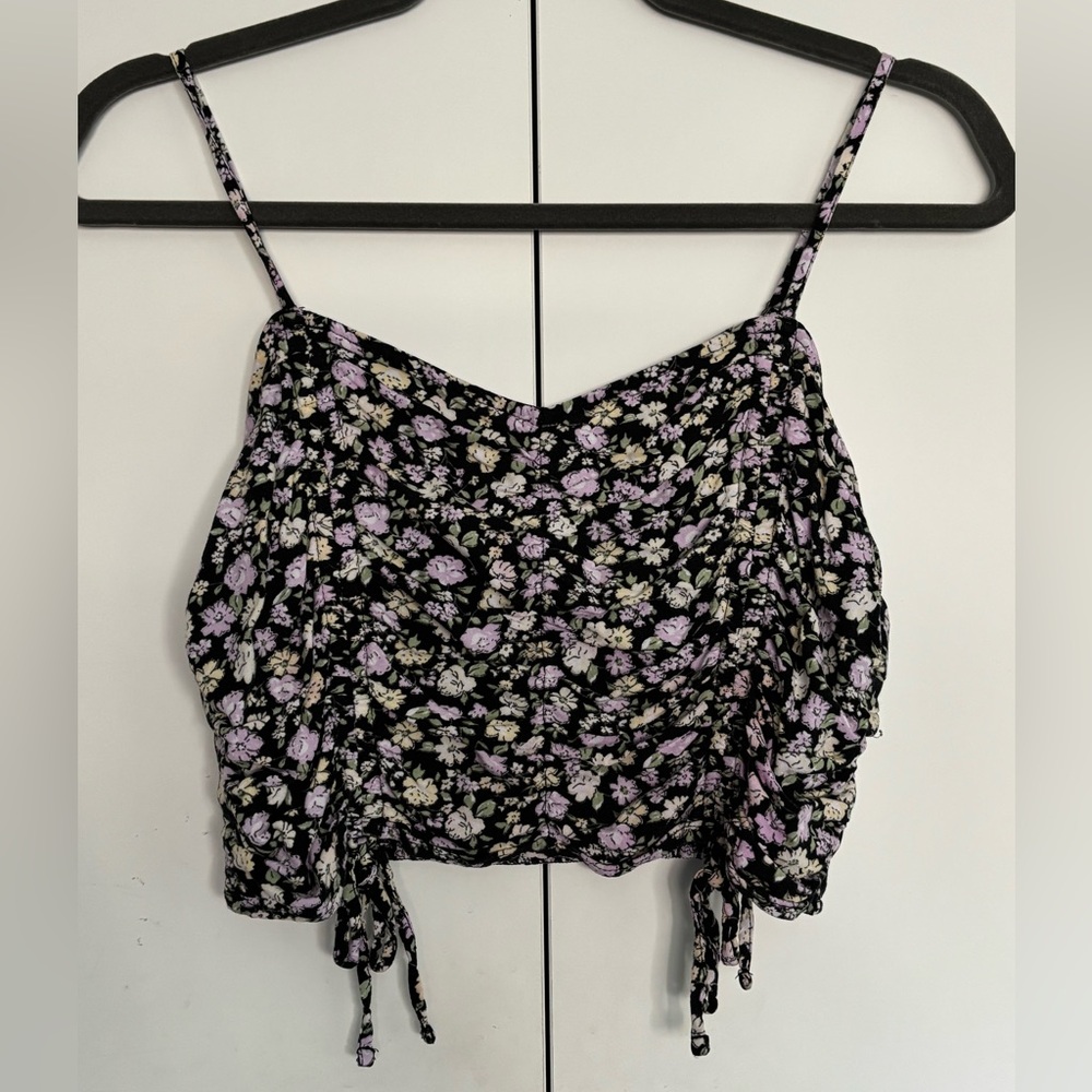 Hollister Crop Tank Top Black Purple Floral M Spaghetti Strap Ruched Tie Sides